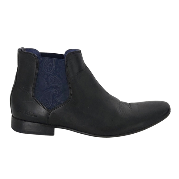 Ted Baker Black Leather & Blue Paisley Hourb 2 Men's Chelsea Boots - Picture 1 of 9